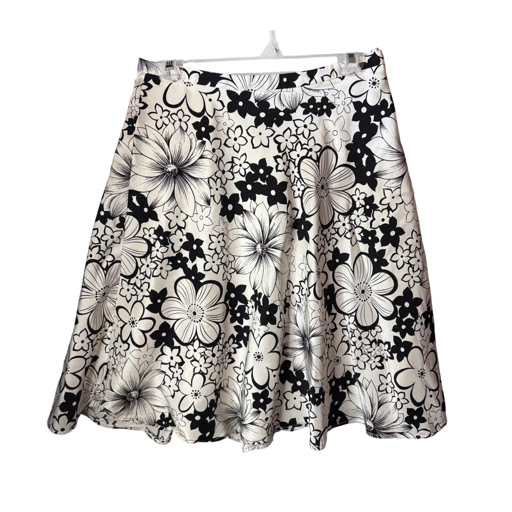 Vintage Grace Silk Floral A-Line Skirt Womens 10 Black White Graphic Print